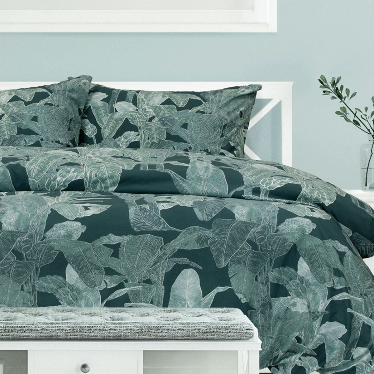 Ardor Indra Teal Palm Leaf Printed Quilt Cover Set Queen