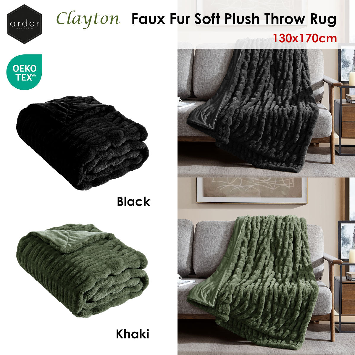 Ardor Clayton Faux Fur Soft Plush Throw Rug 130x170cm Khaki