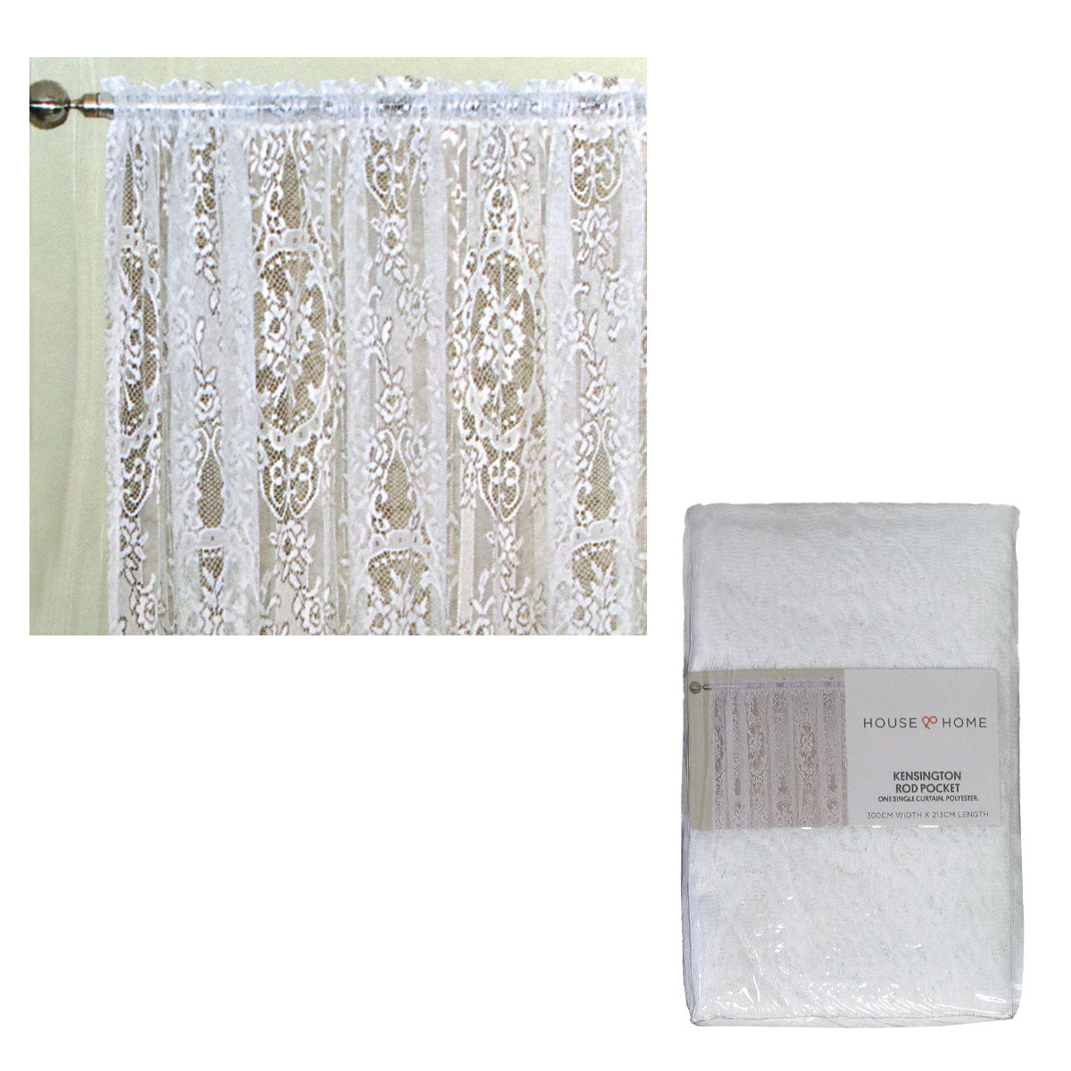 Yours to Love One Kensington White Lace Rod Pocket Curtain 300 x 213 cm