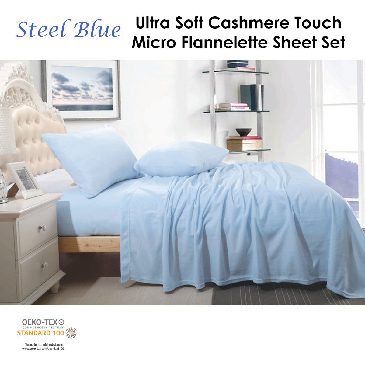 Shangri La Ultra Soft Cashmere Touch Micro Flannelette Sheet Set Steel Blue Queen