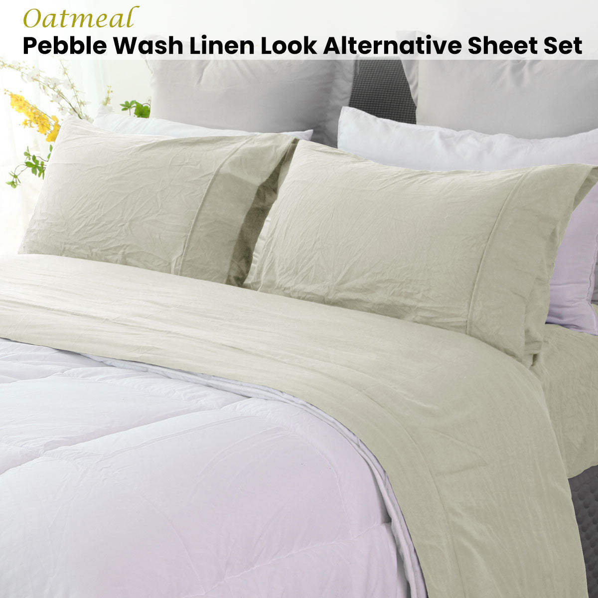 Ramesses Oatmeal Pebble Wash Linen Look Alternative Sheet Set Double