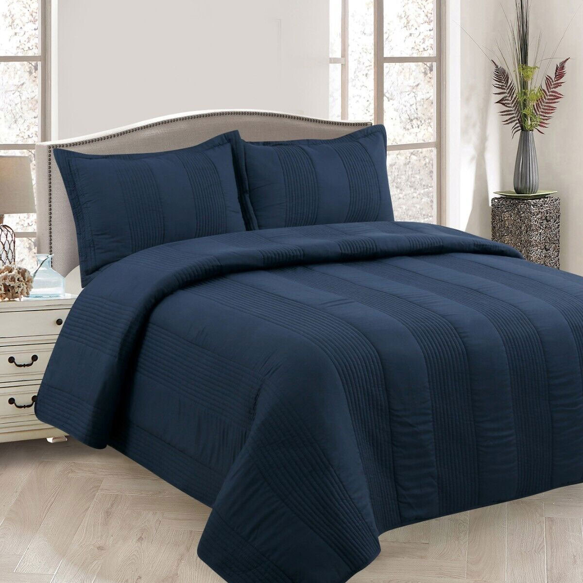 Lewis Navy 3 Pce Lightly Quilted Polyester Cotton Coverlet Set Queen