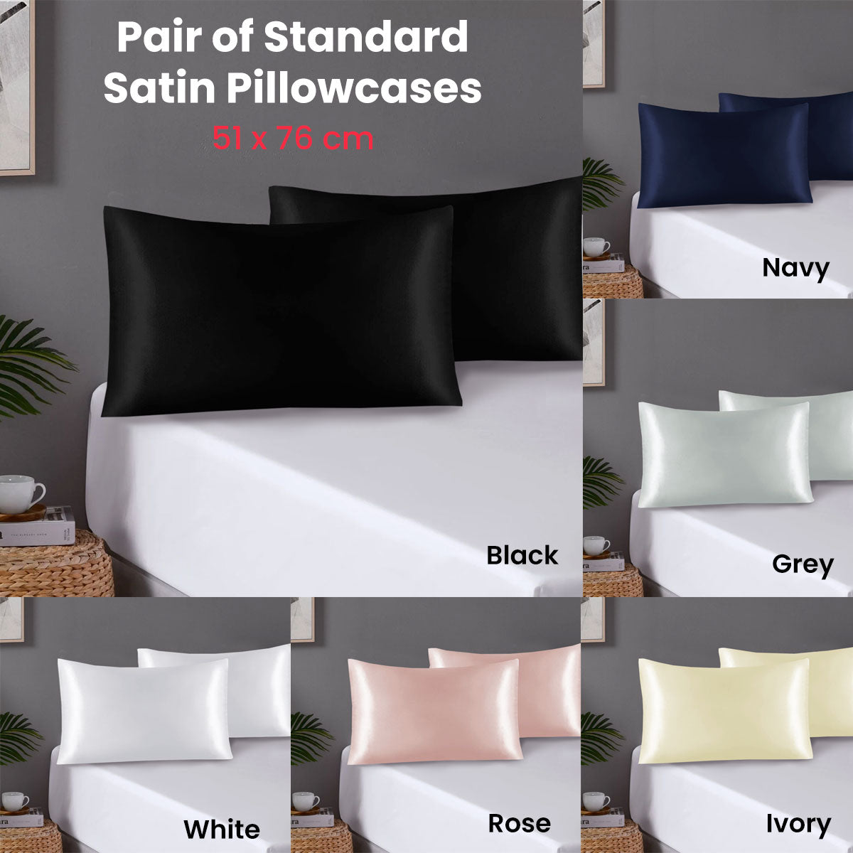 Pair of Standard Satin Silk Pillowcases with Envelope Closure 51 x 76 cm Grey