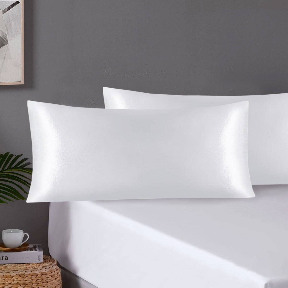 Pair of King Satin Silk Pillowcases with Envelope Closure 51 x 102 cm White