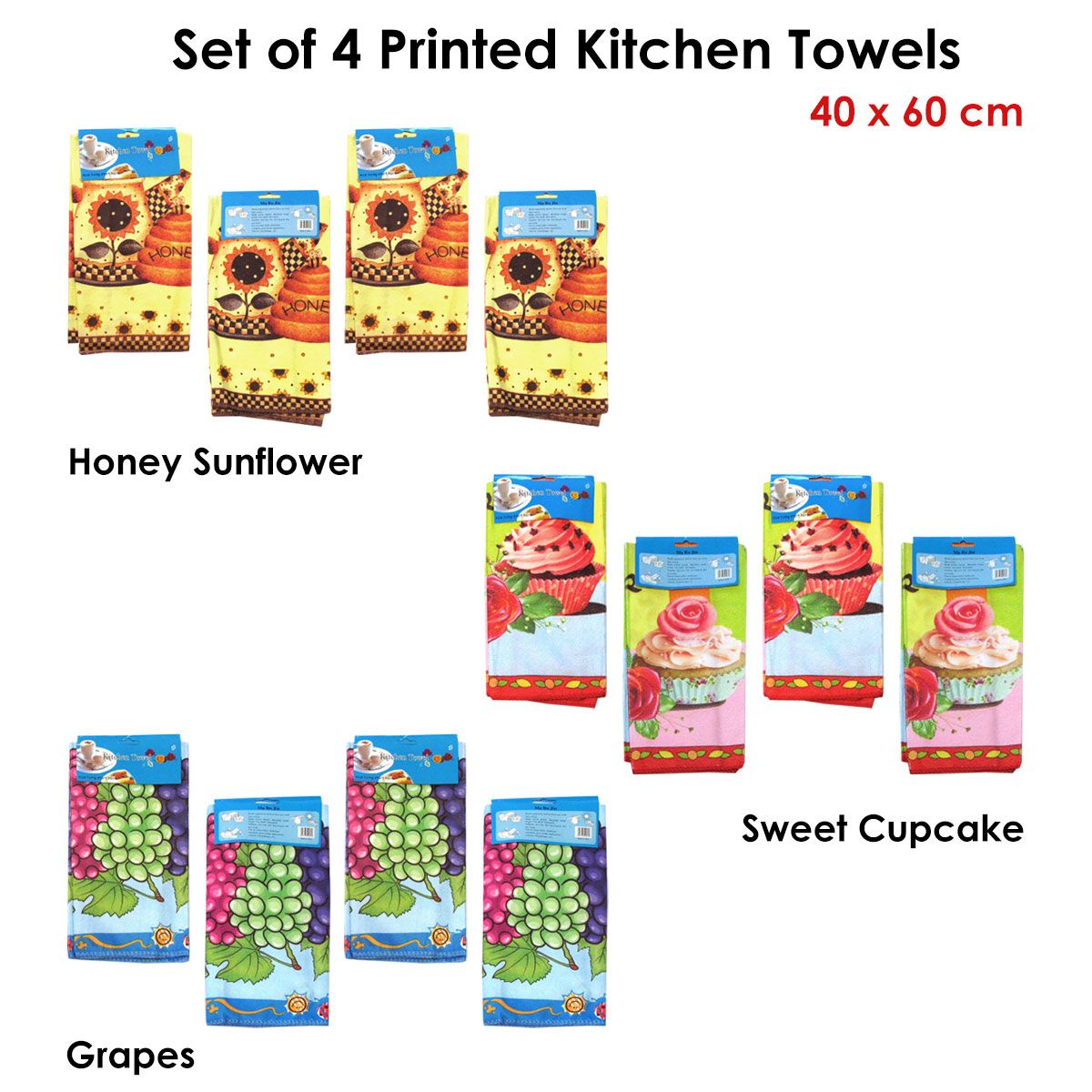 Set of 4 Microfibre Printed Kithen Towels 40 x 60 cm Sweet Cupcakes