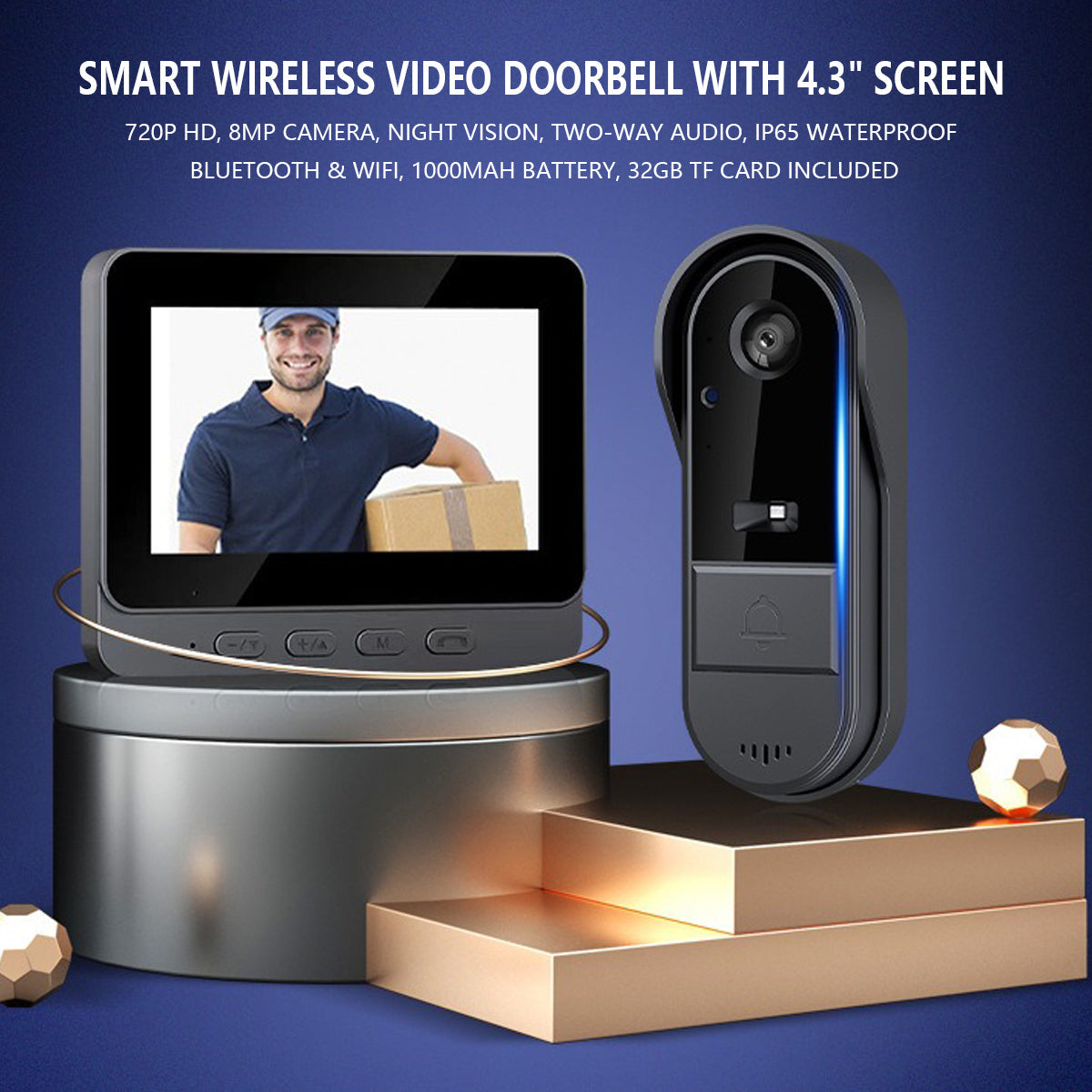 Smart Wireless Video Doorbell with 4.3" Screen HD 8MP Camera Night VisionTwo-Way Audio IP65