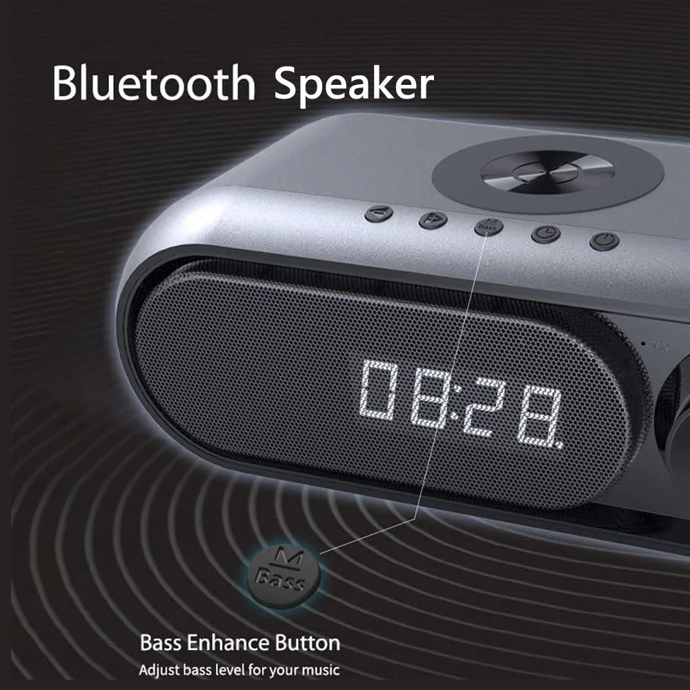 Bluetooth Speaker with 15W Wireless Charger Digital Alarm Clocks FM Radio Music Player (Grey)