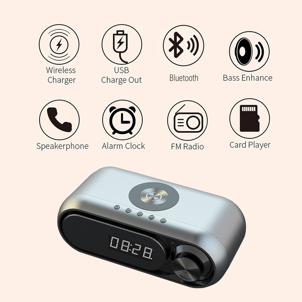 Bluetooth Speaker with 15W Wireless Charger Digital Alarm Clocks FM Radio Music Player (Grey)
