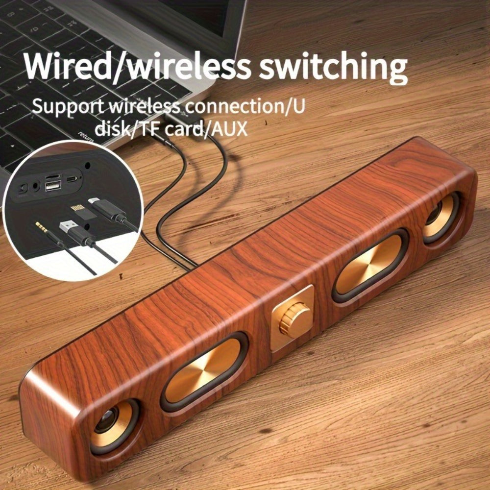 Retro Wood Grain Wireless Bluetooth Speaker Soundbar Deep Bass USB/TF/AUX Inputs
