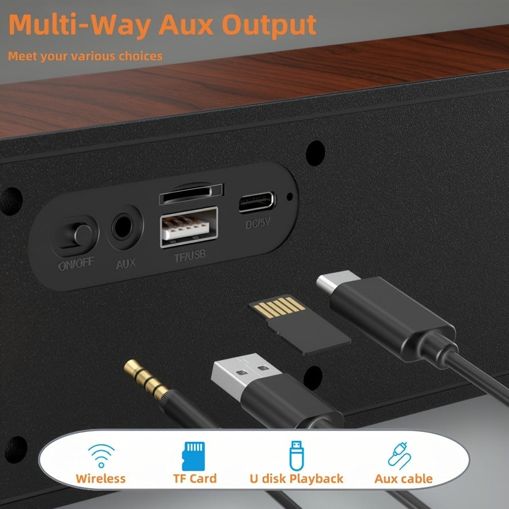 Retro Wood Grain Wireless Bluetooth Speaker Soundbar Deep Bass USB/TF/AUX Inputs