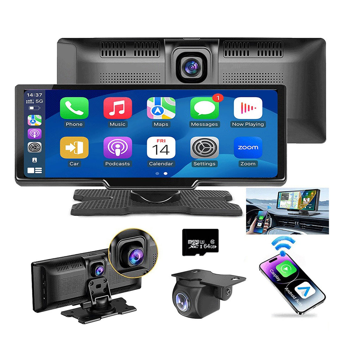 10.26&quot; Wireless Apple Android Carplay Dual Dash Cam Front Rear Camera with 64G Card