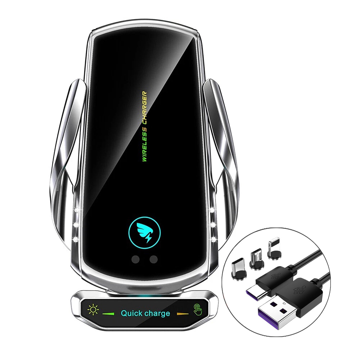 15W Wireless Car Charger Mount Auto-Clamp Vent Holder with Cable and 3 Tips