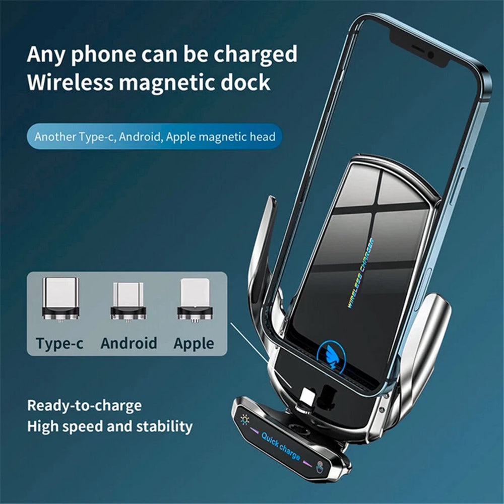15W Wireless Car Charger Mount Auto-Clamp Vent Holder with Cable and 3 Tips
