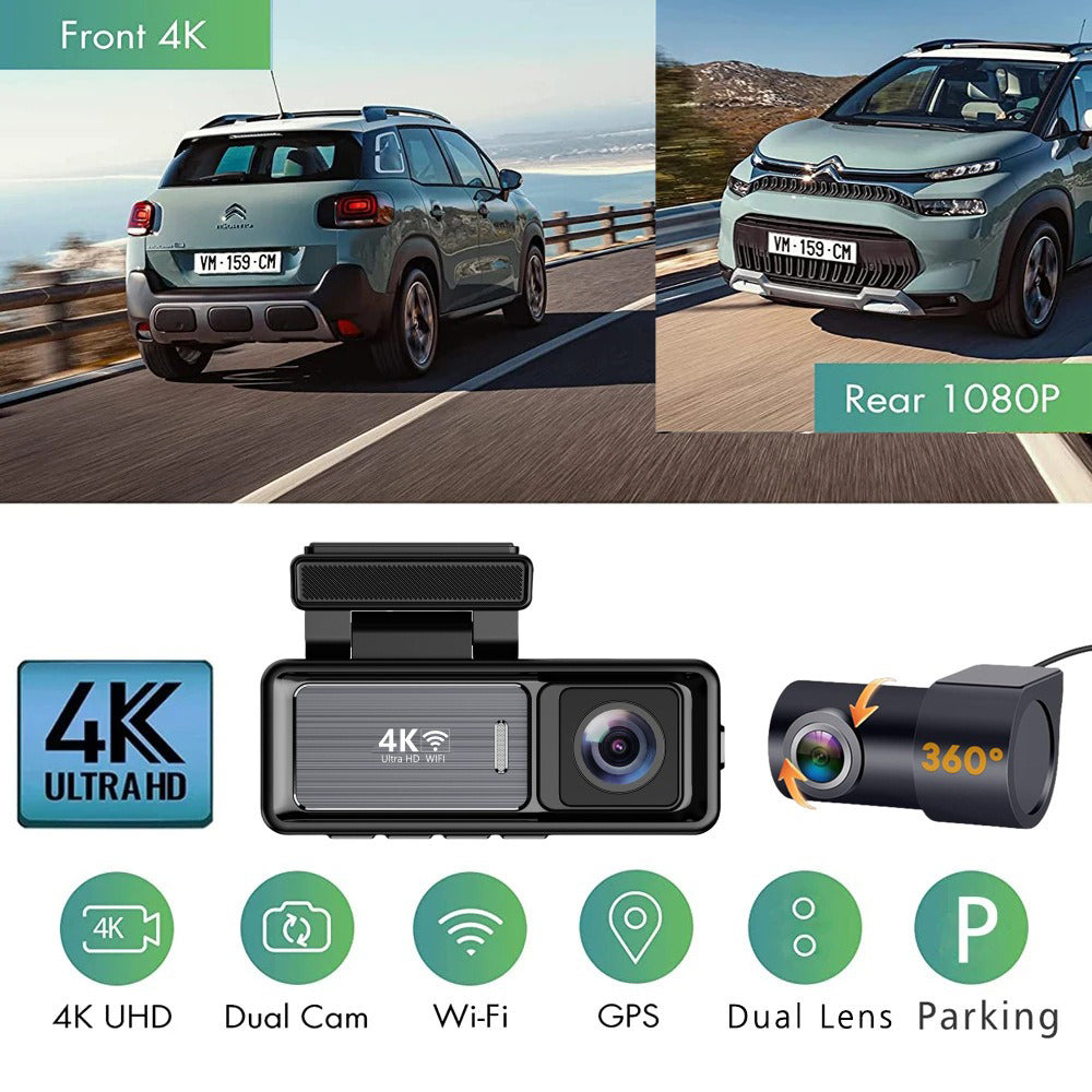 4K Wifi Dash Cam Front, 1080P In-Car Rear Dual Recording with GPS 64GB Card