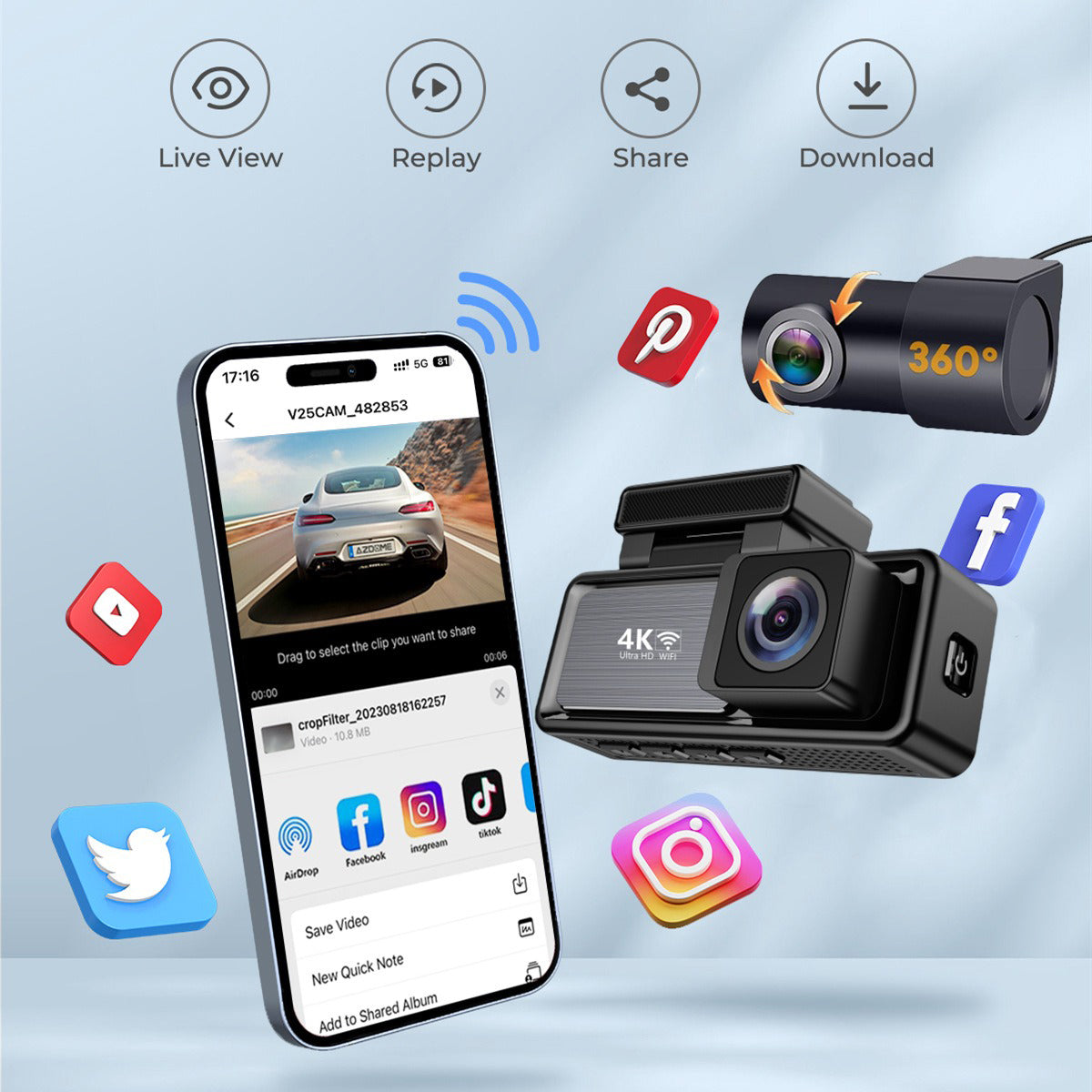4K Wifi Dash Cam Front, 1080P In-Car Rear Dual Recording with GPS 64GB Card