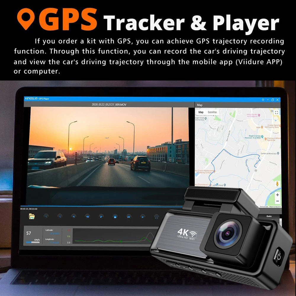 4K Wifi Dash Cam Front, 1080P In-Car Rear Dual Recording with GPS 64GB Card