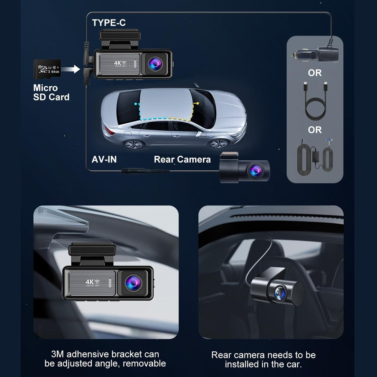 4K Wifi Dash Cam Front, 1080P In-Car Rear Dual Recording with GPS 64GB Card