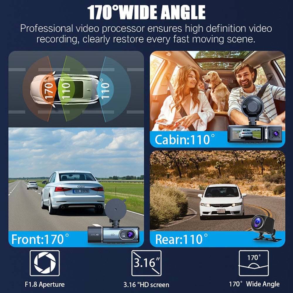 3 Channel 4K+1K+1K Dash Cam WiFi Car DVR Interior Cabin Camera Recorder with 32G Card