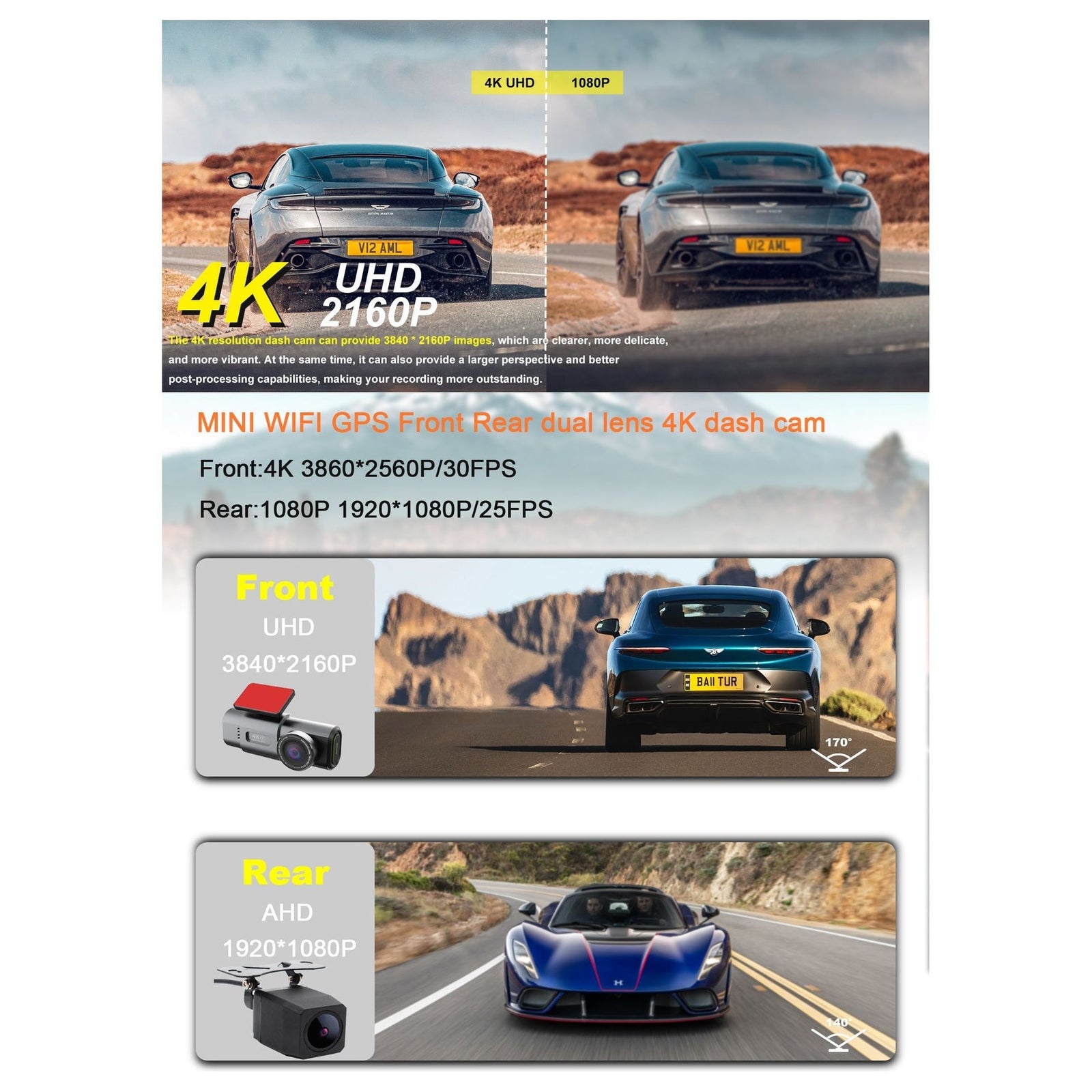 4K Dash Cam UHD 2160P WiFi Front Dashcam Night Vision Car Camera with 64GB Card