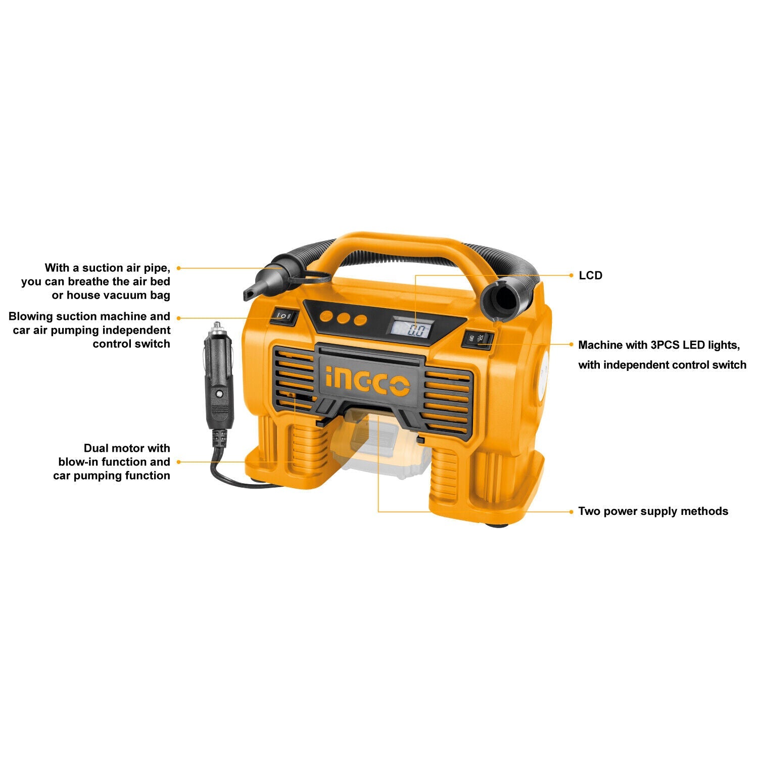 INGCO Air Compressor Car Tyre Deflator Inflator Pump 160PSI Auto Stop & Fittings(no battery and charger)