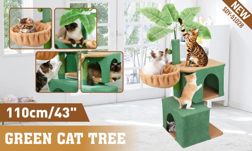 VaKa 1.1M Cat Tree Scratching Post Palm Tree Cat Post Dangling Balls Cat Toy