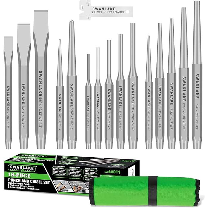 SWANLAKE Punch and Chisel Set, Including Taper Punch, Cold Chisels, Pin Punch, Center Punch (16pcs)