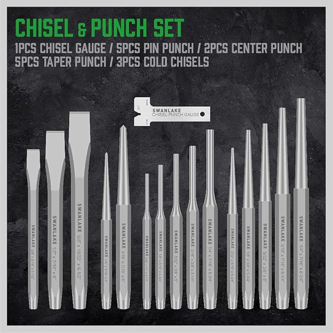 SWANLAKE Punch and Chisel Set, Including Taper Punch, Cold Chisels, Pin Punch, Center Punch (16pcs)