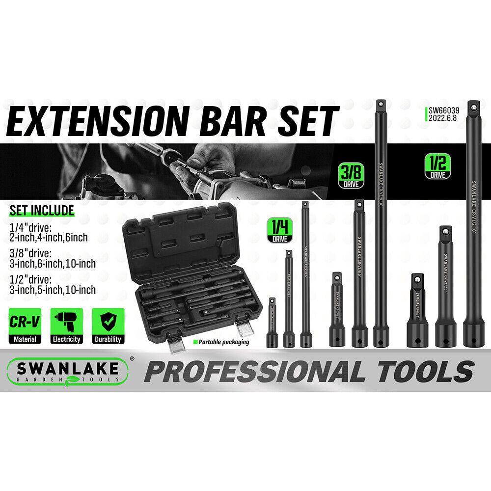 9Pcs Extension Bar Set 1/4" 3/8" 1/2" Black Drive Socket Auto Repairing