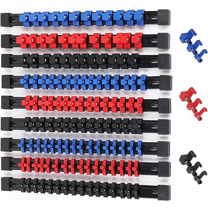 SWANLAKE Organizer Socket Holder, 9PCS 1/4-Inch x 48 Clips, 3/8-Inch x 45 Clips, 1/2-Inch x 36 Clips, Premium Quality Socket Clip Rail Holder (9PC)