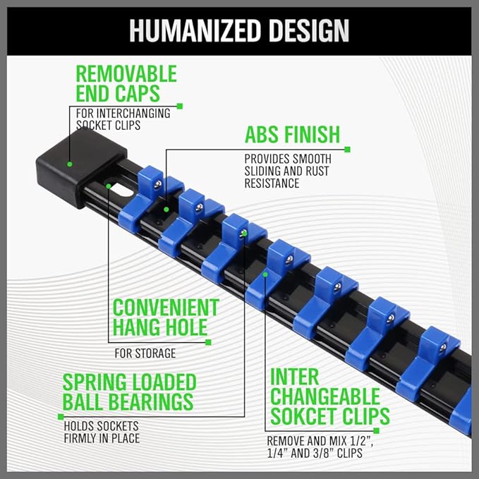 SWANLAKE Organizer Socket Holder, 9PCS 1/4-Inch x 48 Clips, 3/8-Inch x 45 Clips, 1/2-Inch x 36 Clips, Premium Quality Socket Clip Rail Holder (9PC)