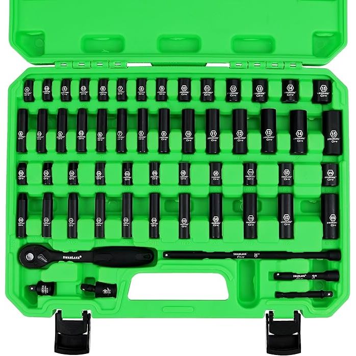 SWANLAKE 1/4&quot; Drive Impact Socket Set, 56-Piece Standard SAE (5/32 to 9/16 inch) and Metric (4-15mm) Size, 6 Point, Cr-V, 1/4-Inch Drive Ratchet Handle, Drive Extension Bar, Impact Universal Joint