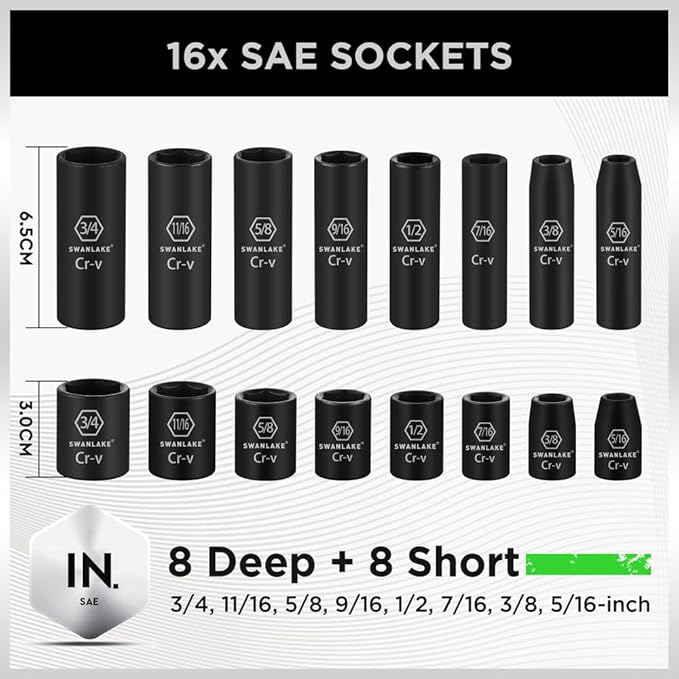 SWANLAKE 3/8&quot; Drive Impact Socket Set, 50-Piece Standard SAE (5/16 to 3/4 inch) and Metric (8-22mm) Size, 6 Point, Cr-V, 3/8-Inch Ratchet Handle, Extension Bar, Universal Joint