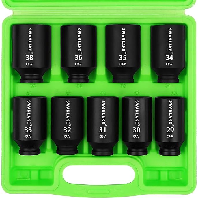 SWANLAKE 9-Piece 1/2&quot; Drive Jumbo Impact Socket Set, Metric 29mm-38mm Large Socksts Spindle Axle Nut Impact Socket, CR-V Black