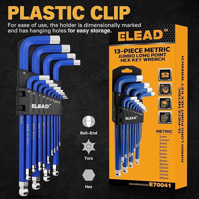 ELEAD Jumbo Hex Key Allen Wrench Set | 13-Piece Metric 2-19mm | Long Ball End Durable CR-V | Automotive | Mechanic | Furniture | Professional Grade Tools