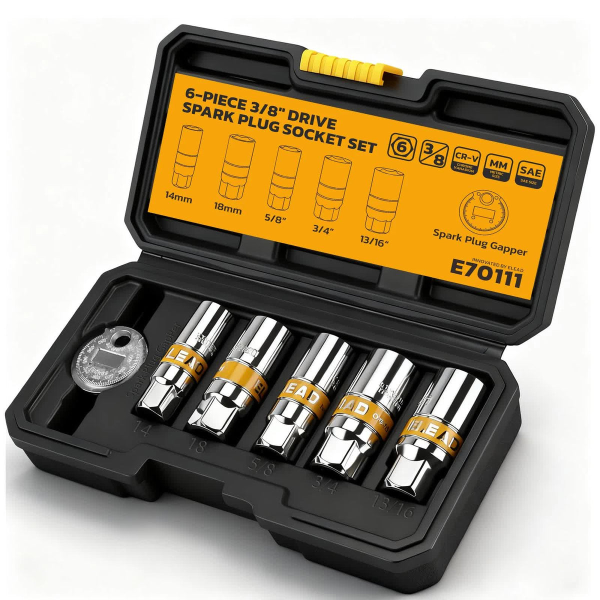 6Pcs 3/8" Drive Spark Plug Socket Set Spark Plug Gapper SAE &amp; Metric CR-V Socket