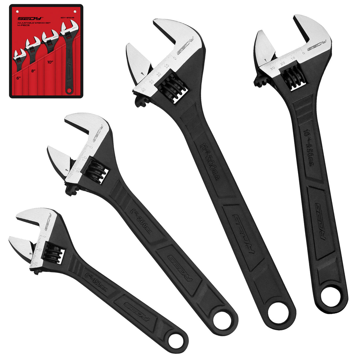 SEDY 4Pc Adjustable Wrench Set Shifter Heavy Duty SAE &amp; Metric Household Repair