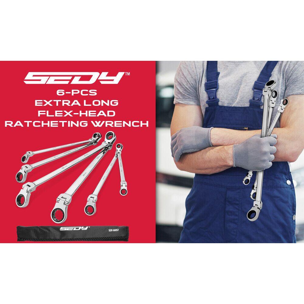 SEDY 6Pcs Extra Long Flex-Head Ratchet Spanner Set Double Box End Spanner 8-19mm