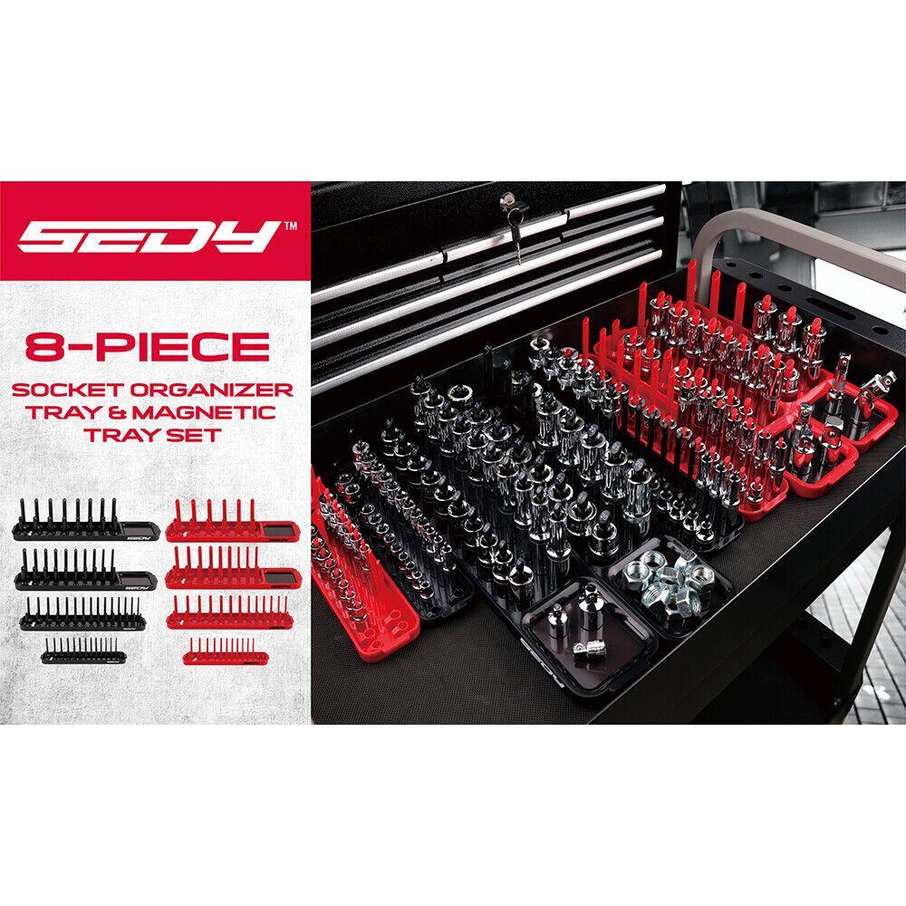 SEDY 8Pcs Magnetic Socket Organizer Tray Metric SAE Sockets Storage Holder Tool