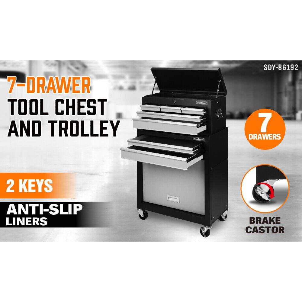 HORUSDY 7 Drawer Tool Box Trolley Cabinet Storage Cart Garage Toolbox Organiser