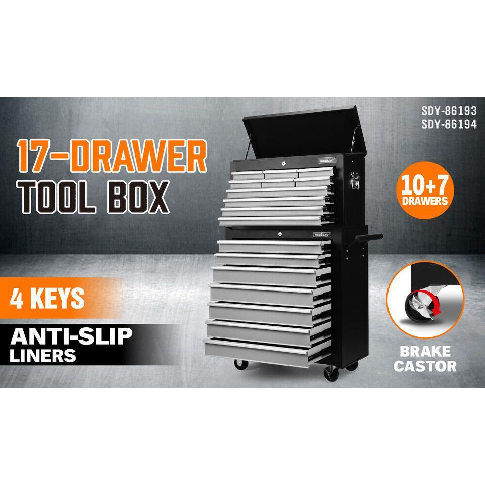 Grey 17 Drawer Tool Box Trolley Cabinet Storage Cart Garage Toolbox Organiser