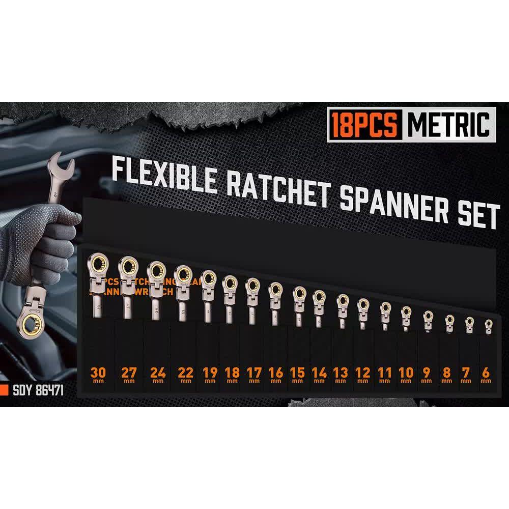 HORUSDY 18Pc Flexi-Head Ratchet Spanner Set Metric 6-30mm Spanners Nickle Plated