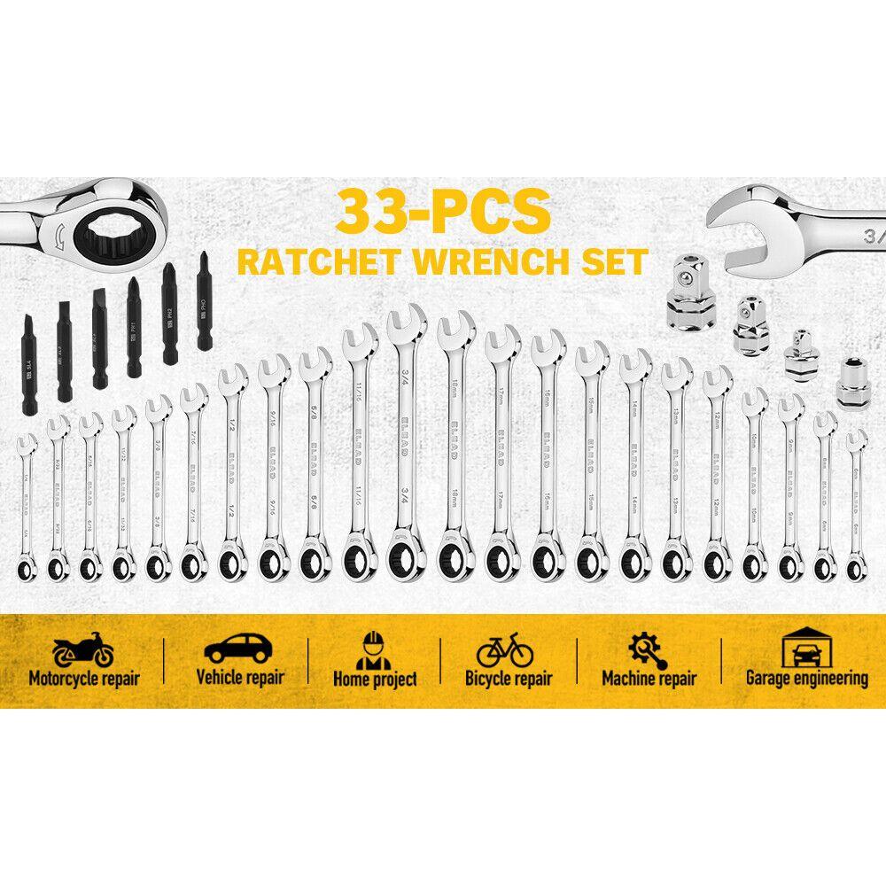 ELEAD 33Pcs Ratchet Wrench Set SAE Metric Wrench Phillips Slotted Bits Adapter