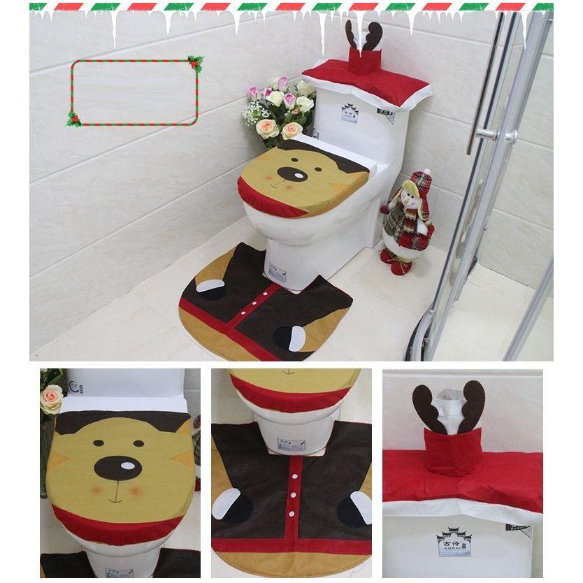4pcs Christmas Toilet Seat Cover Rug Bathroom Set Santa Snowman Xmas Home Décor, Reindeer