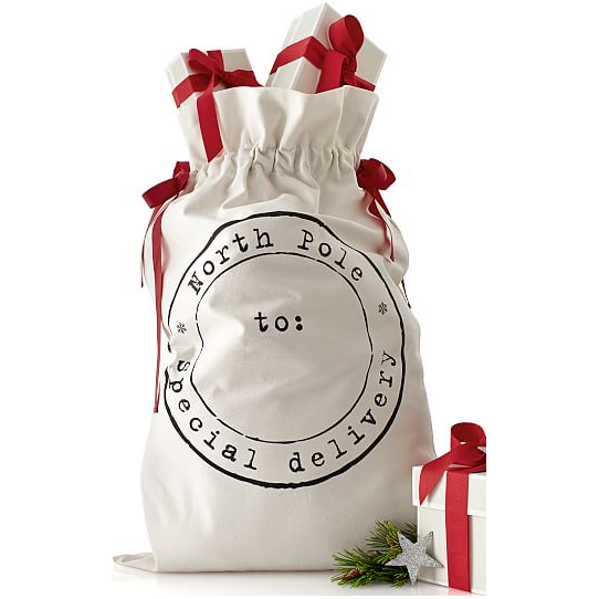 50x70cm Canvas Hessian Christmas Santa Sack Xmas Stocking Reindeer Kids Gift Bag, Cream - North Pole Postal