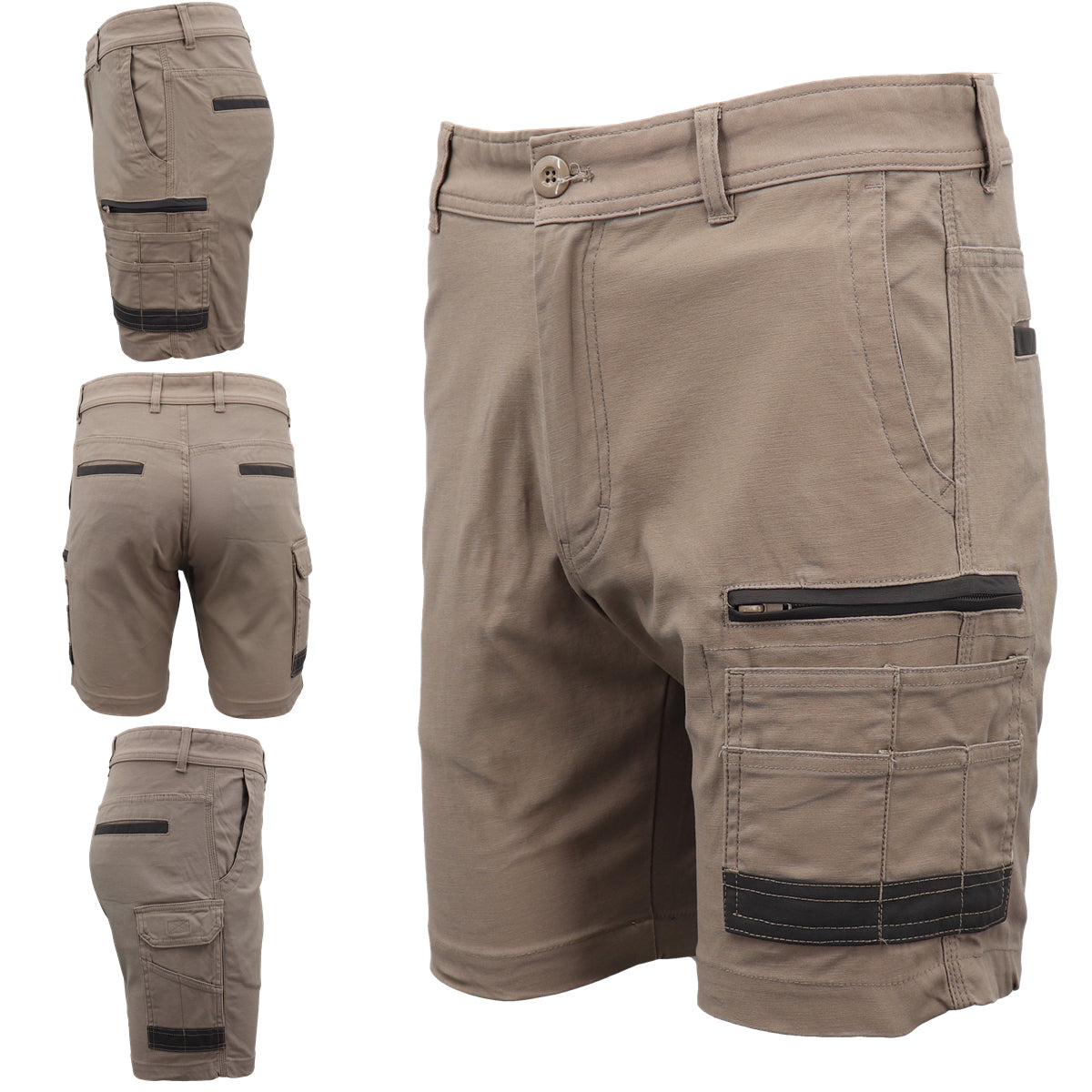 Mens Cargo Cotton Drill Work Shorts UPF 50+ 13 Pockets Tradies Workwear Trousers, Khaki, 28