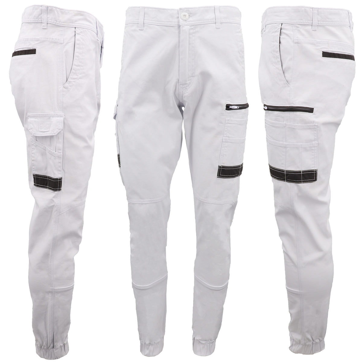 Men&#39;s Cargo Cotton Drill Work Pants UPF 50+ 13 Pockets Tradies Workwear Trousers, White, 30