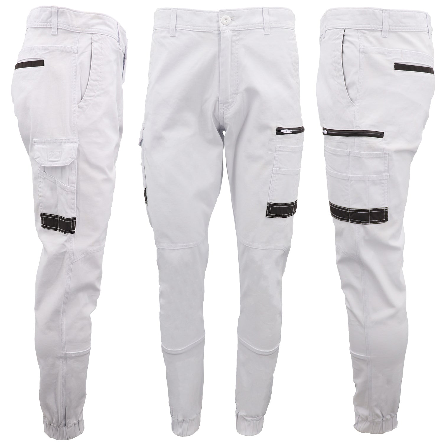 Men's Cargo Cotton Drill Work Pants UPF 50+ 13 Pockets Tradies Workwear Trousers, White, 30