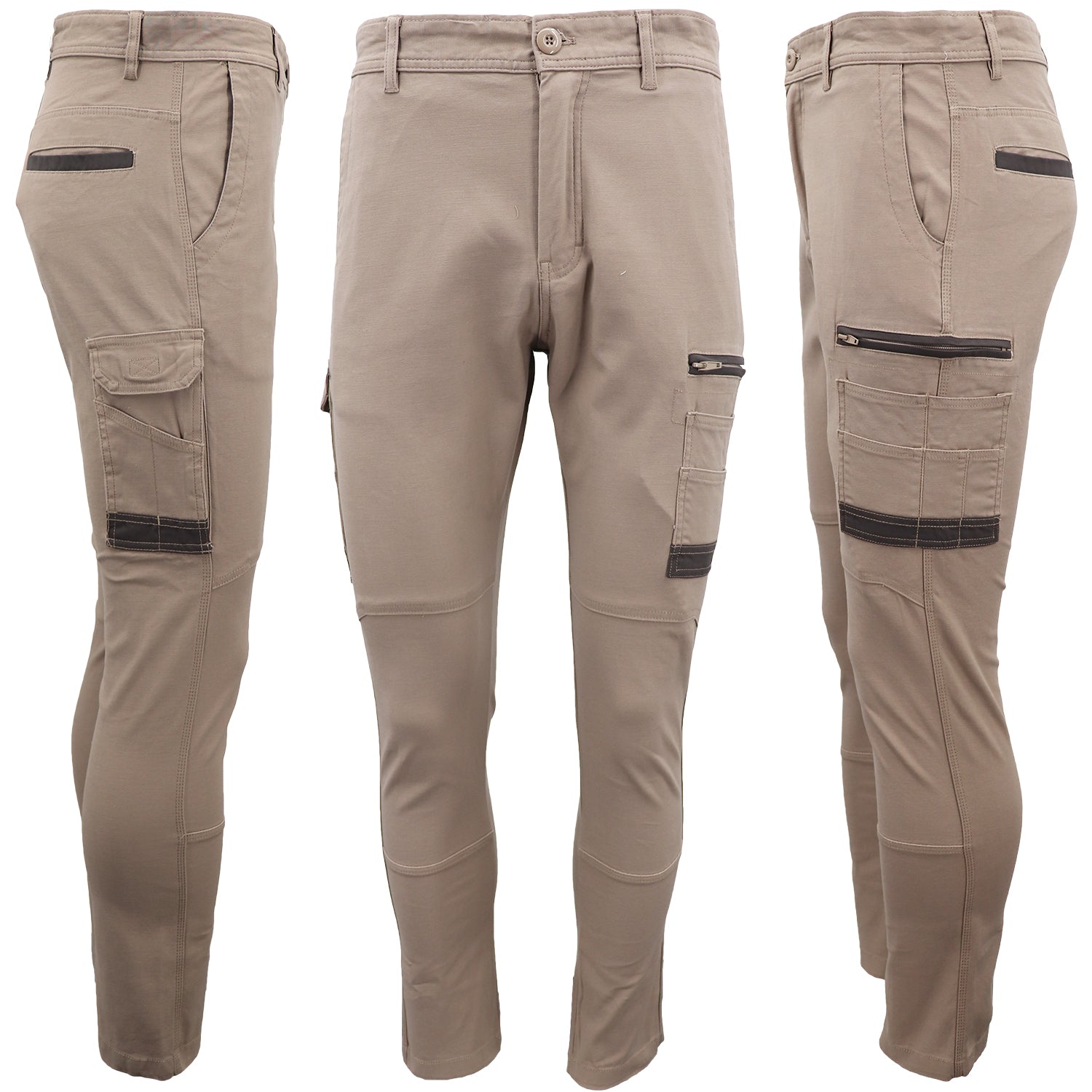 Men's Cotton Drill Cargo Work Pants UPF 50+ 13 Pockets Tradies Workwear Trousers, Khaki, 28