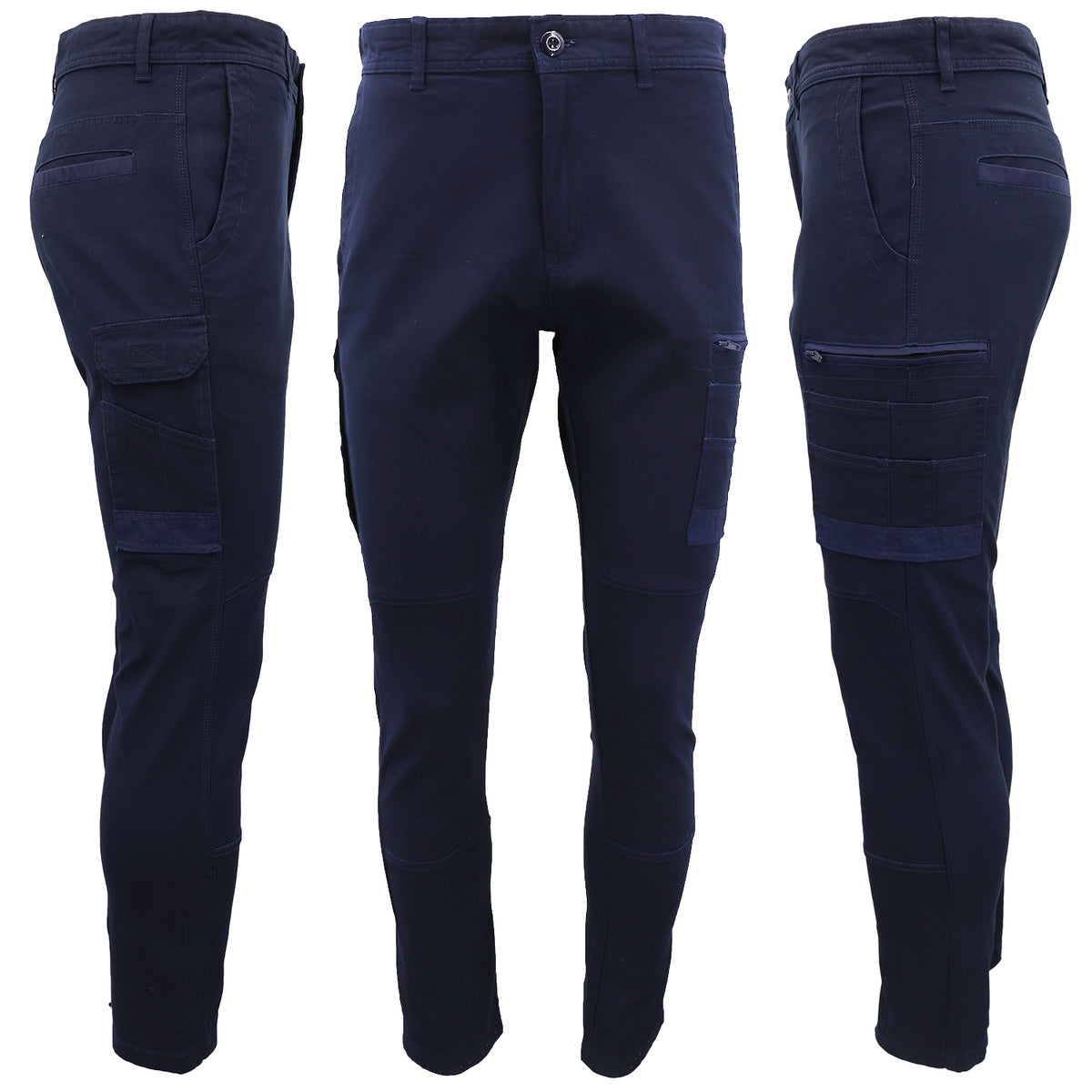 Men's Cotton Drill Cargo Work Pants UPF 50+ 13 Pockets Tradies Workwear Trousers, Navy, 28