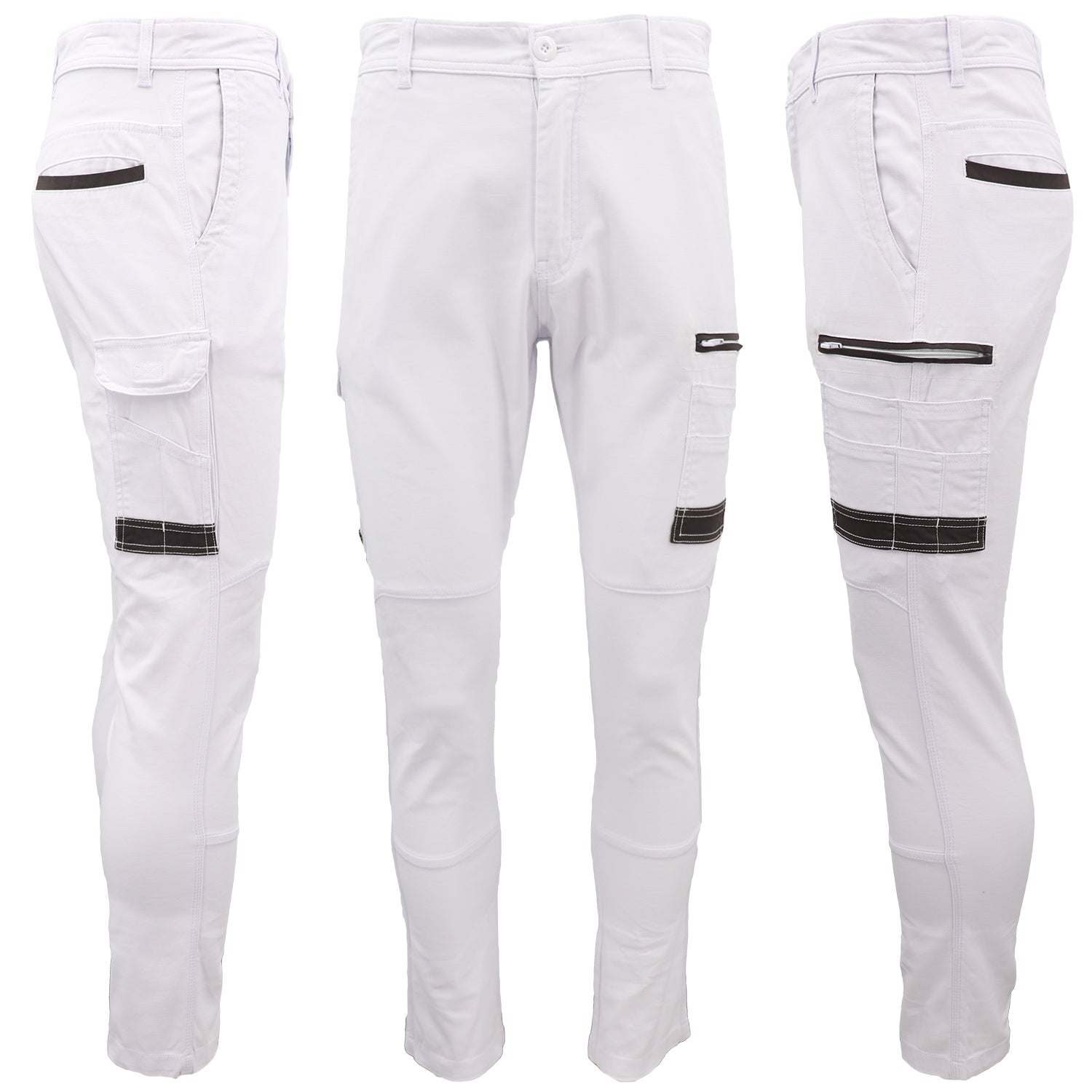 Men's Cotton Drill Cargo Work Pants UPF 50+ 13 Pockets Tradies Workwear Trousers, White, 30